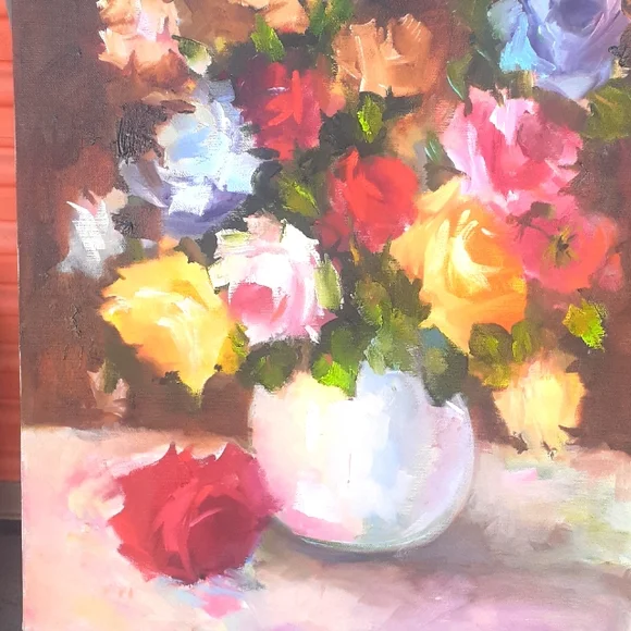 Orig Pink RED Blue Roses Floral Oil Painting ART 16x20 Romantic Lavende… - Picture 5 of 9
